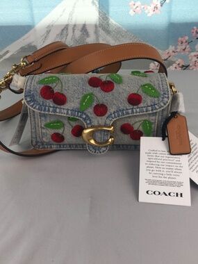 NWT Coach Embroidered Cherry Denim Tabby 20 Mini Shoulder Bag